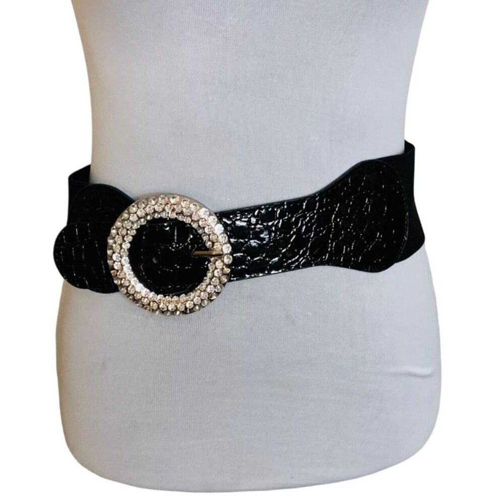 VTG Inspired 80s Black Wide Elastic Belt SZ M/L Rhinestone Buckle Crock Embossed